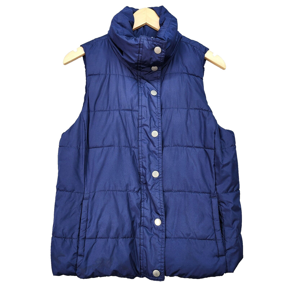 Old Navy Puffer Vest Women’s Medium Blue Zip Snap Pockets Cozy Ski Layering - Picture 2 of 9
